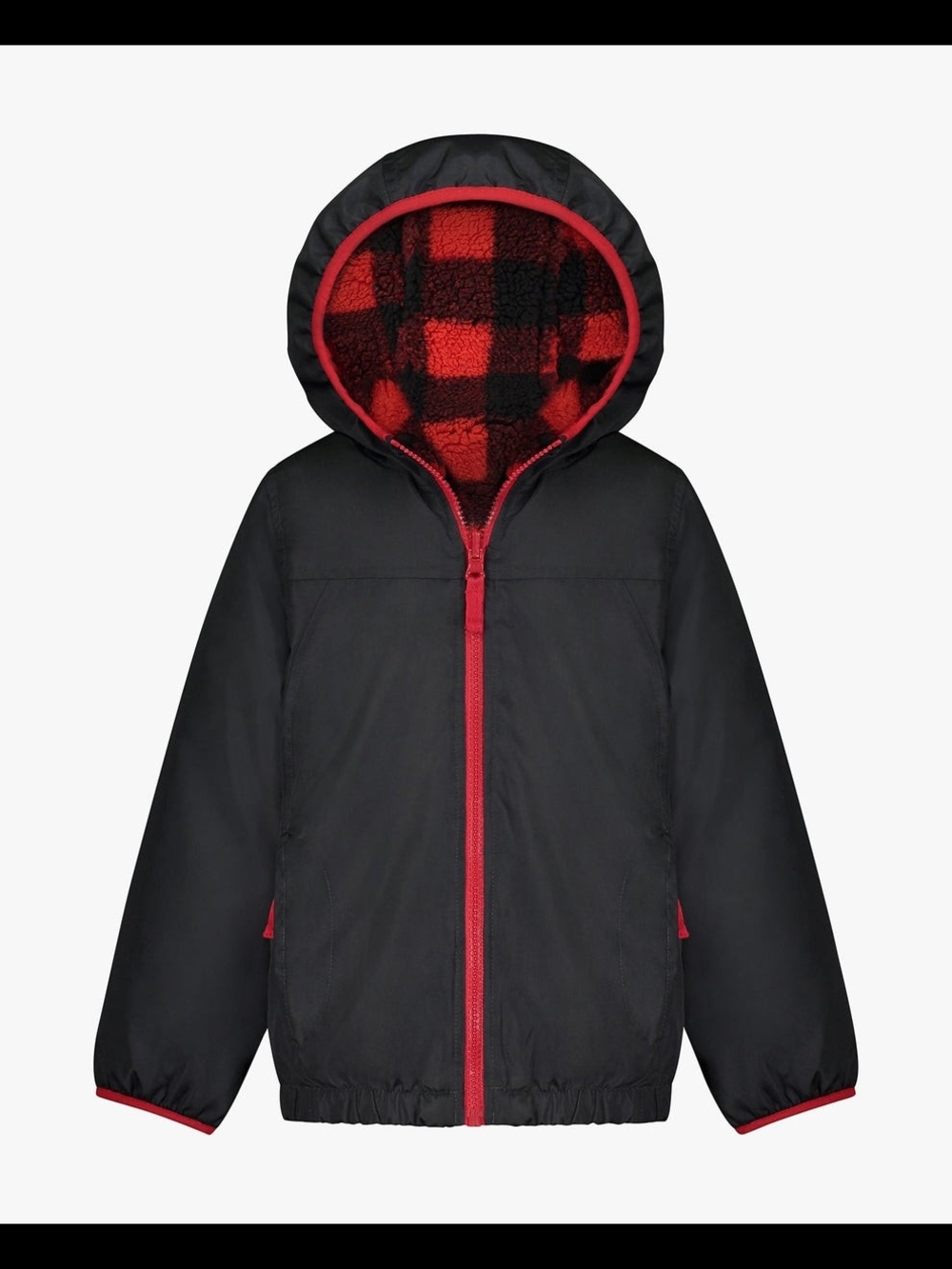 London Fog Black Jacket with Red Accents and Plaid Sherpa Hood
